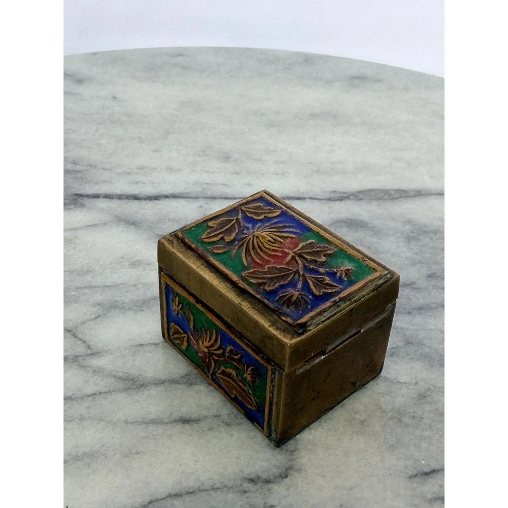 Vintage Chinese Brass Enamel Floral Trinket/Pill/Jewelry Box Champlevé